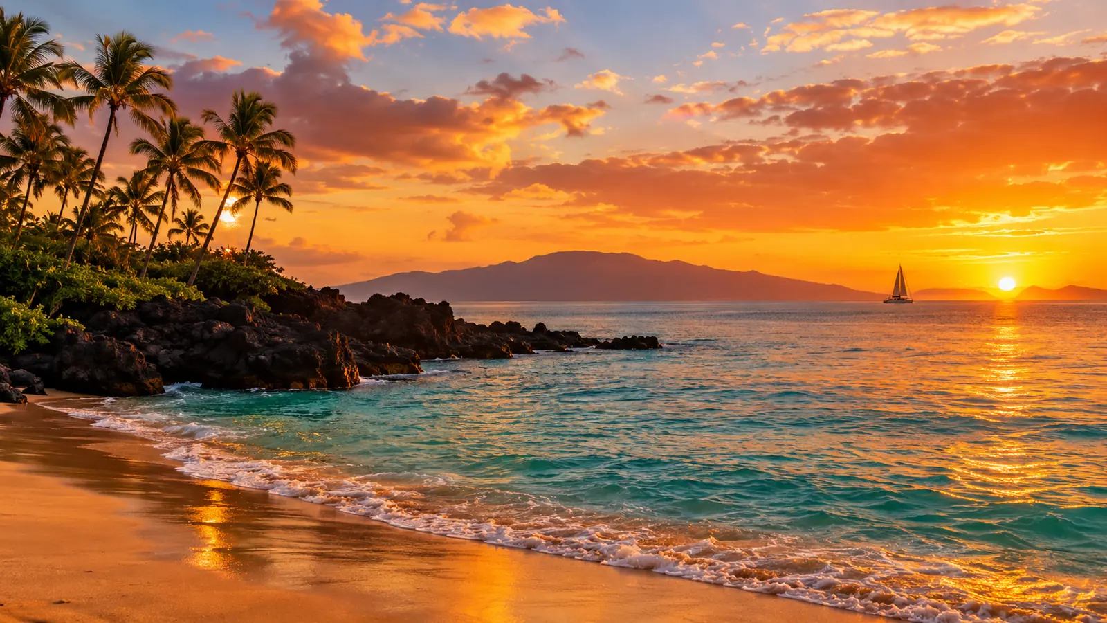A dark lava-rock point and palm trees at the edge of a beach at sunset, a sailboat offshore