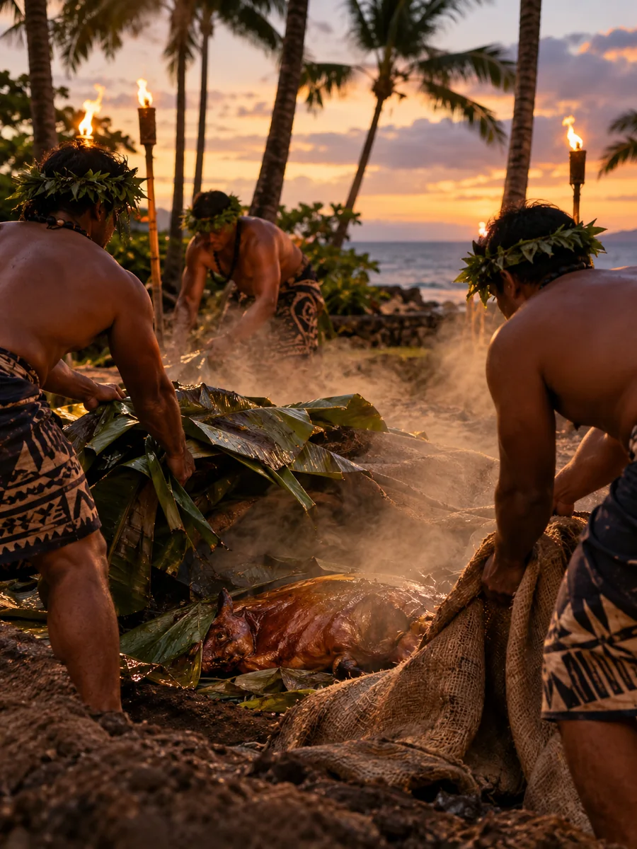 Performers opening an imu earth oven at dusk