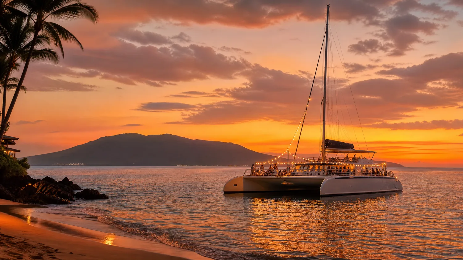 A white sailing catamaran strung with lights off a beach at sunset, guests dining on deck