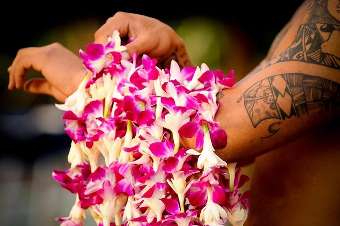 Hands holding a pink and white orchid lei
