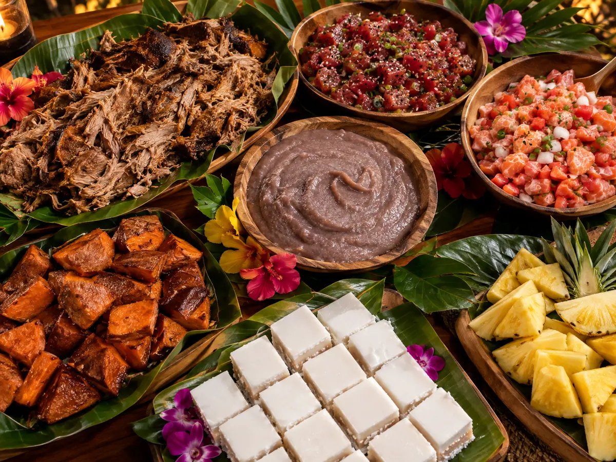Hawaiian luau buffet spread