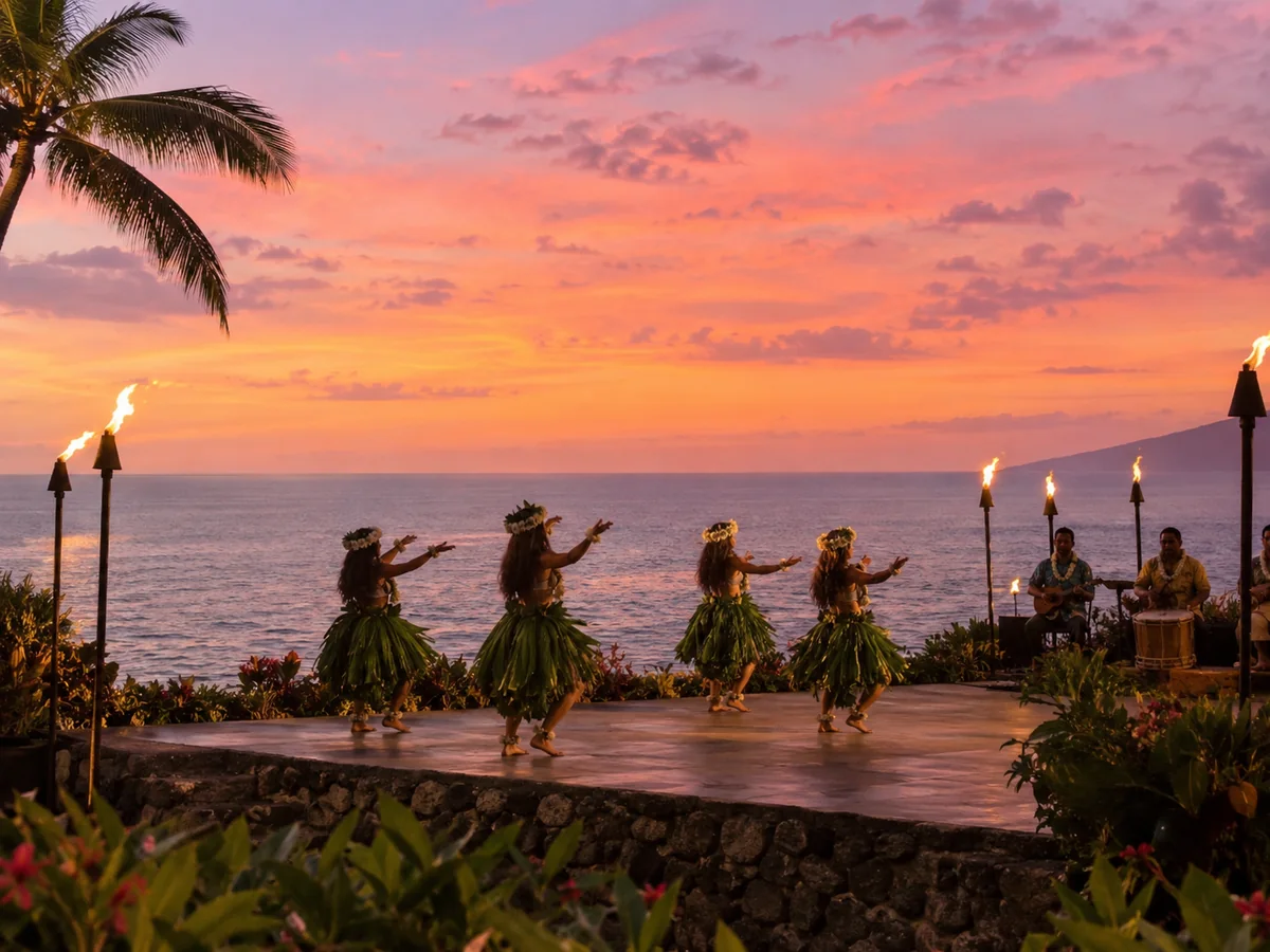 Hula dancers performing at twilight