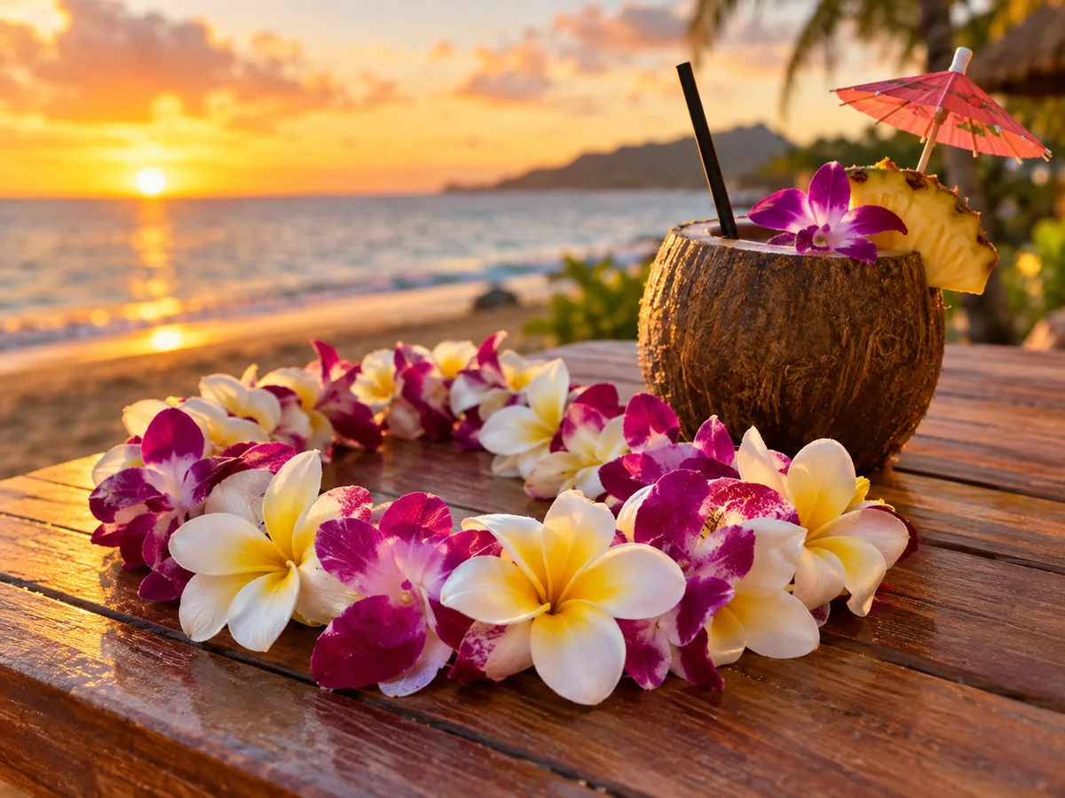Fresh flower lei on a luau table